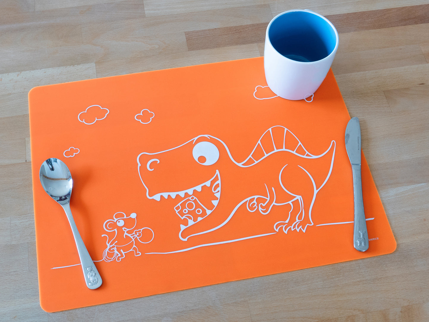 Silikon-Platzdeckchen für Kinder (Schule, Essen, Basteln) - Dino orange Silikon-Tischset